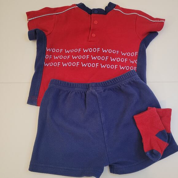 Vintage Toddler Outfit Red Blue Dog Woof Shirt Shorts Socks Set Size 3-6M - Picture 5 of 7